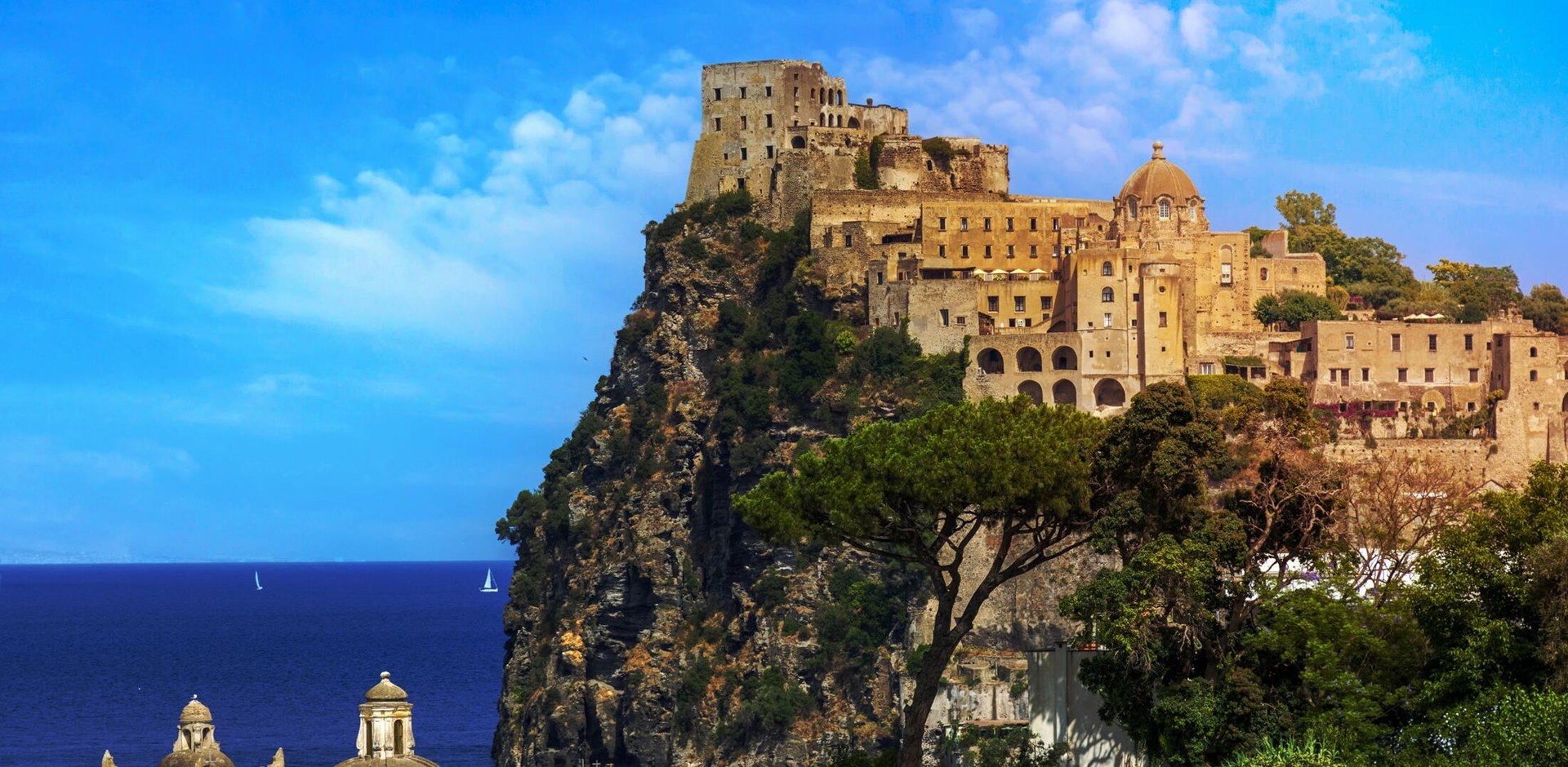 Italy, scenic medieval Aragon castle, Aragonese Castle om Ischia island near Naples.