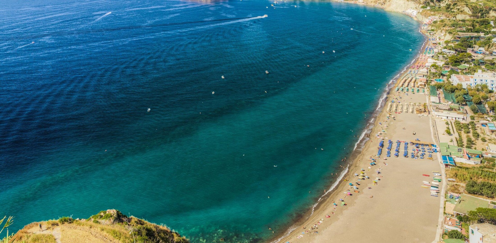 Beautiful panoramic view of Maronti beach, one of the most popular beaches on Ischia island, Italy