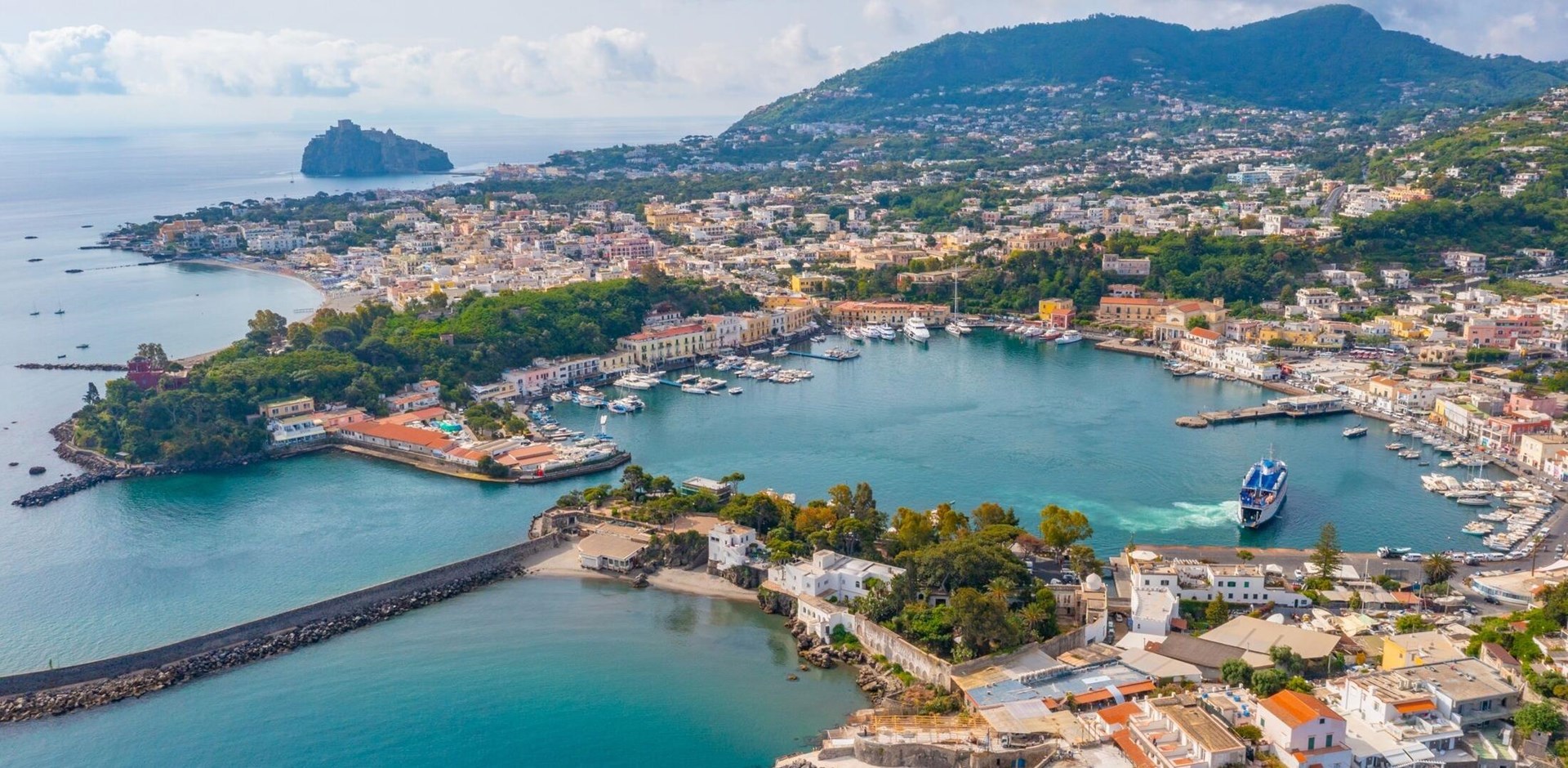 Aerial view of Porto d'Ischia town at Ischia island, Italy.