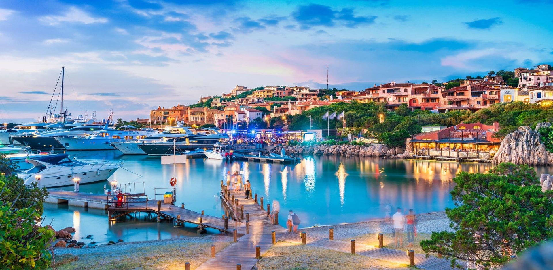 View of harbor and village Porto Cervo, Sardinia island, Italy