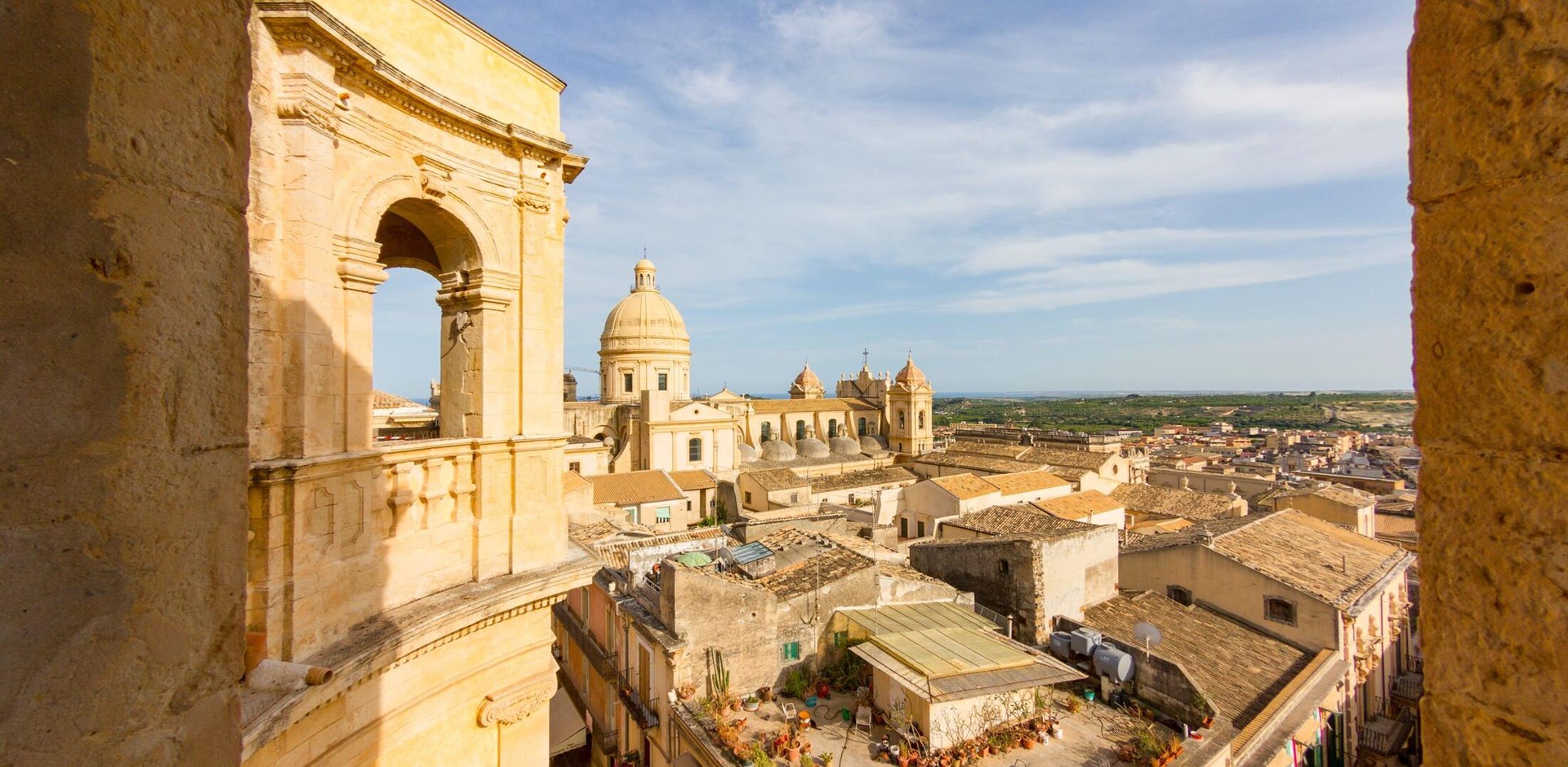 Panoramic view of Noto old town and Noto Cathedral, Sicily, Italy.