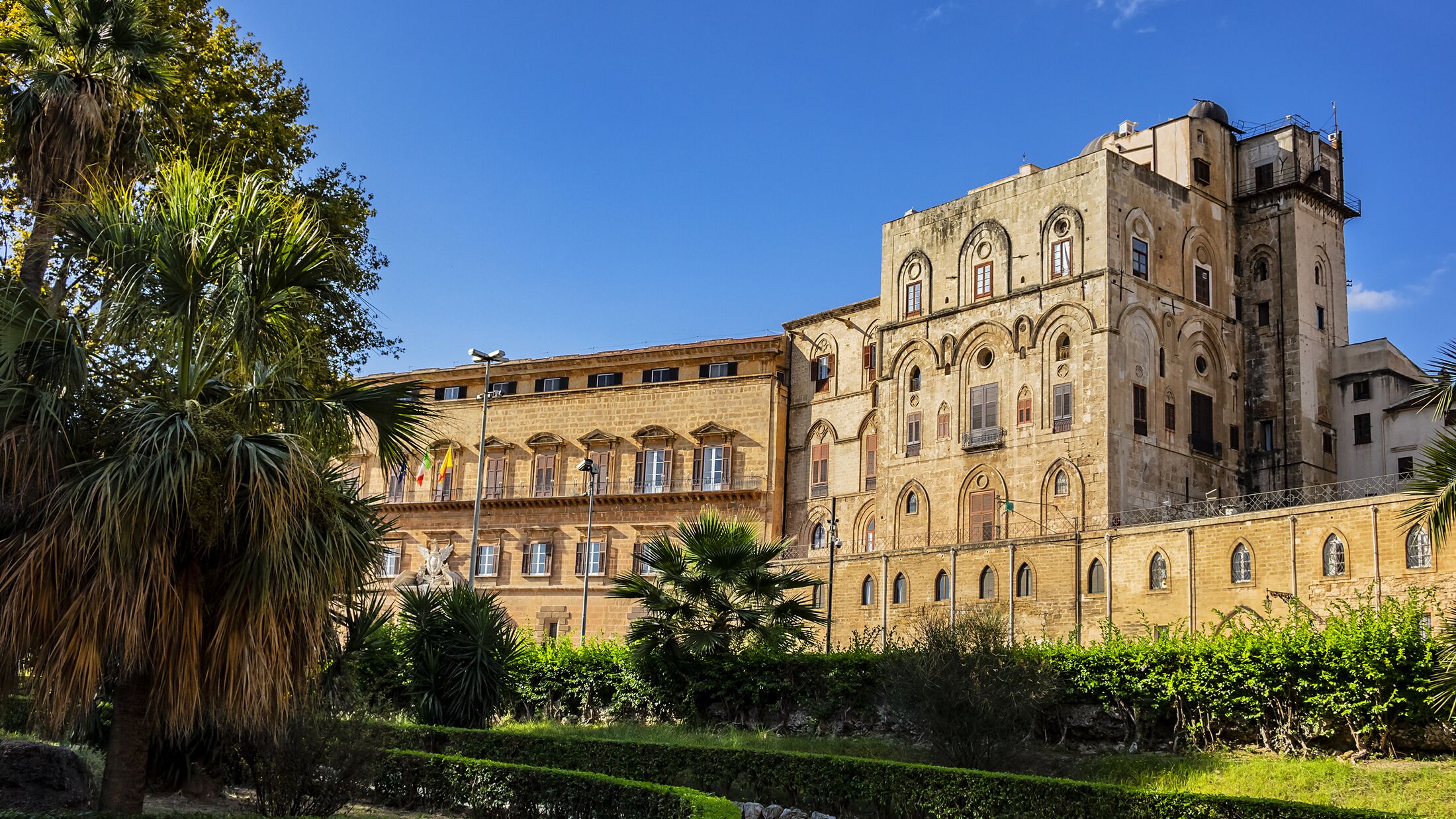 Palermo Palace of Normans (Palazzo dei Normanni) or old Royal Palace. Norman Palace - one of oldest royal palaces in Europe; it was created in IX century by Emir of Palermo. Palermo, Sicily, Italy.
