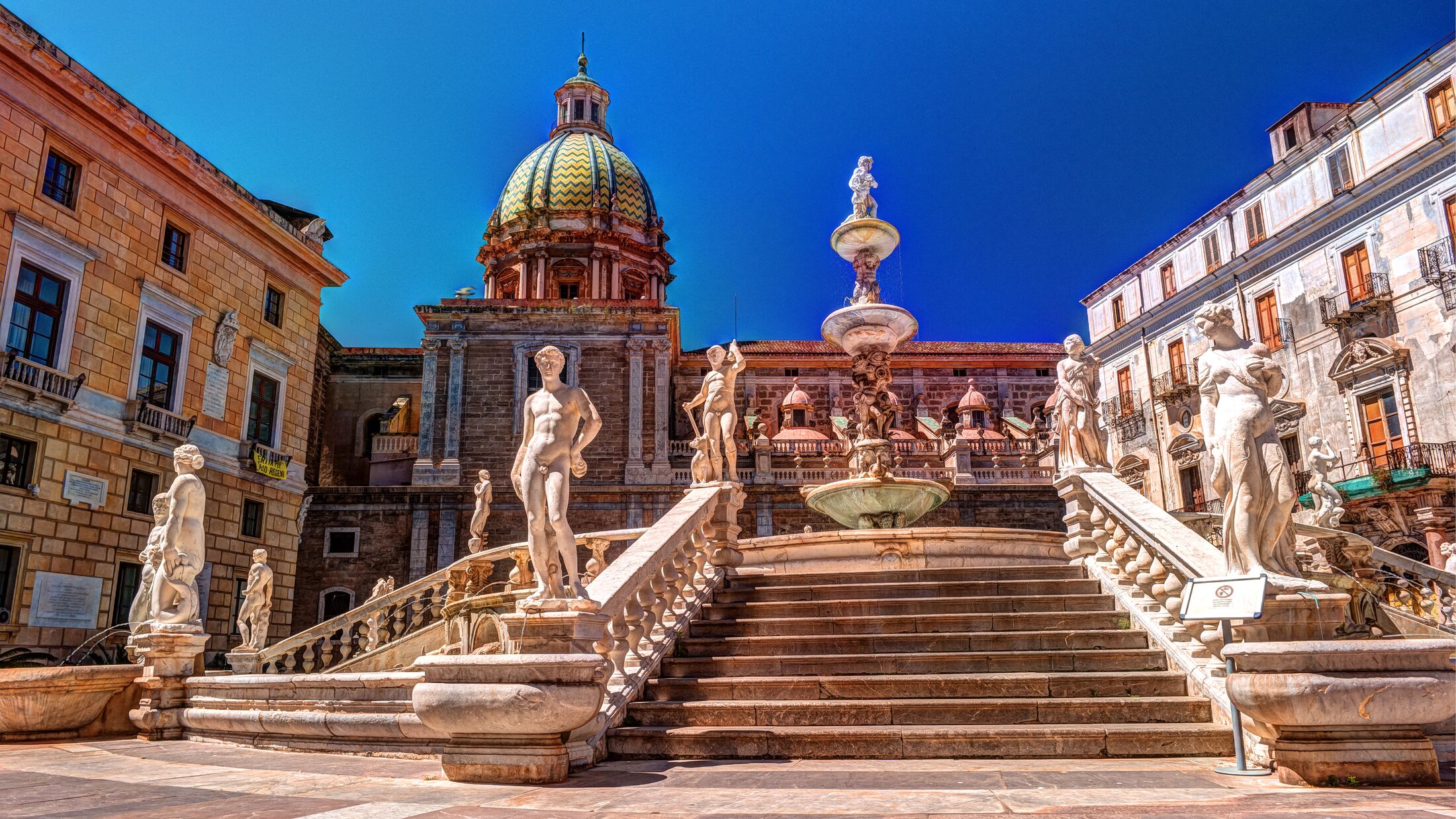 Famous fountain of shame on baroque Piazza Pretoria, Palermo, Sicily, Italy