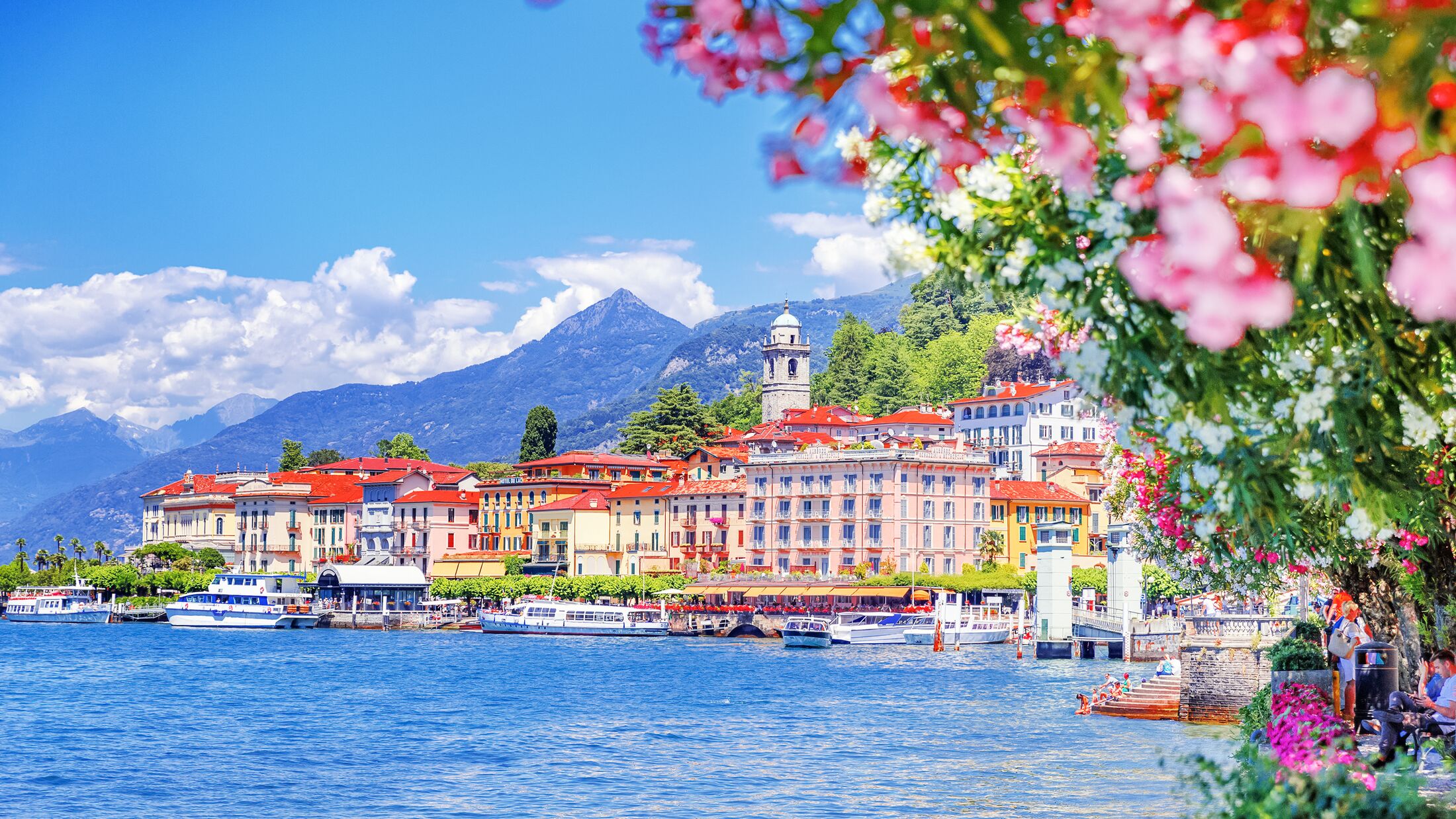 Como lake in Italy. Spectacular view on coastal town - Bellagio, Lombardy. Famous Italian recreation zone and popular European travel destination. Summer scenery.