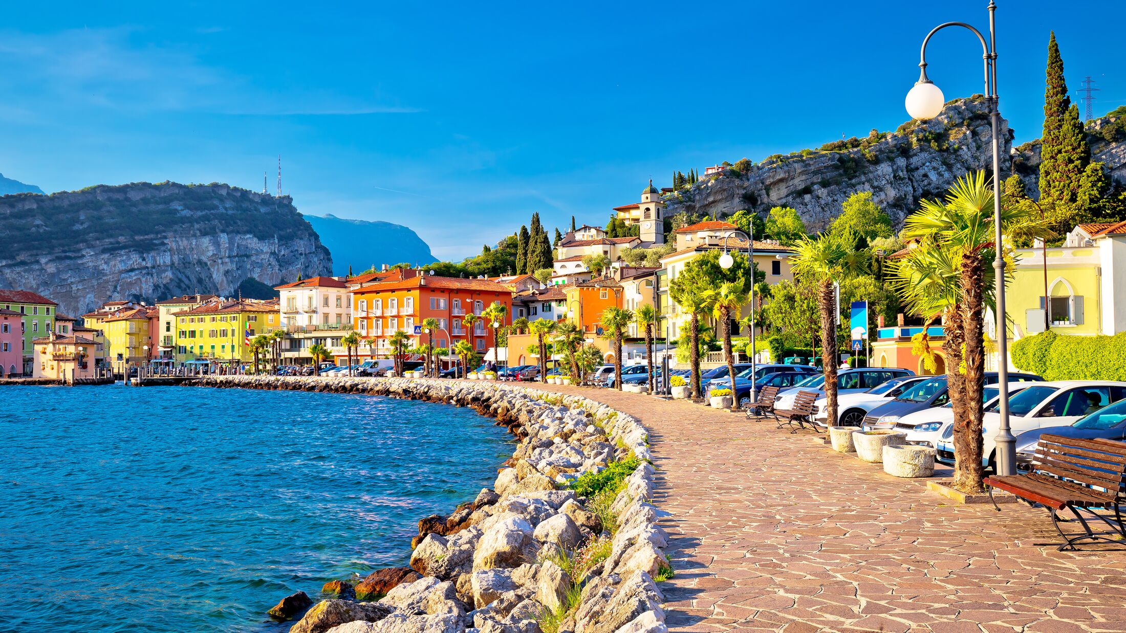 Colorful town of Torbole on Lago di Garda waterfront view, Trentino Alto Adige region of Italy