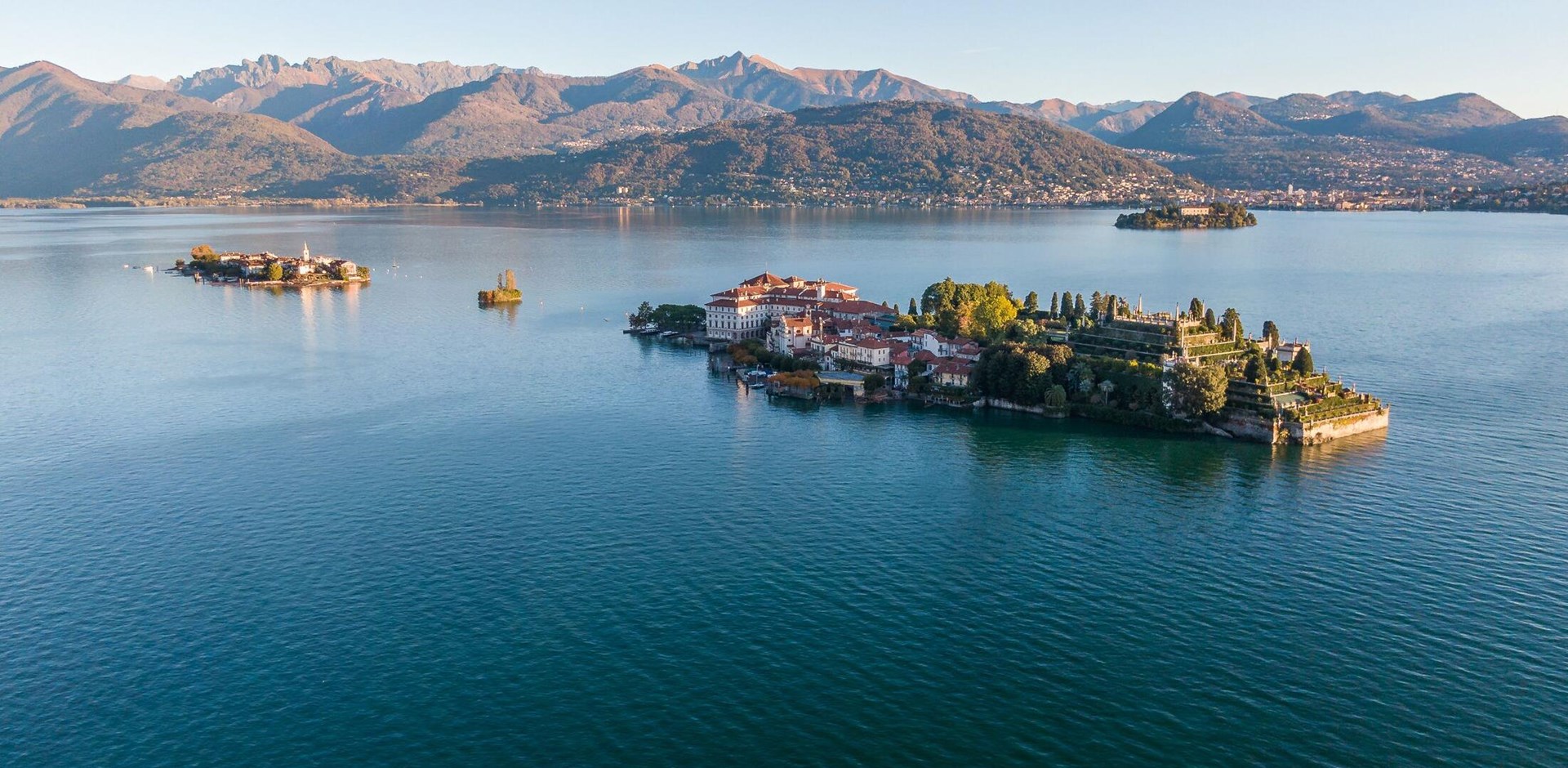 Aerial view of Borromee islands on Maggiore Lake at dawn