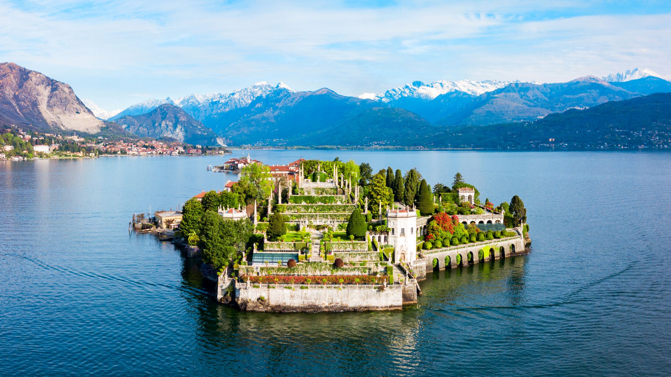 Isola Bella and Stresa town aerial panoramic view. Isola Bella is one of the Borromean Islands of Lago Maggiore in north Italy.