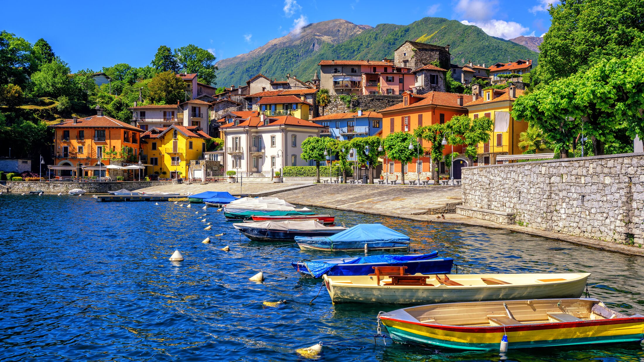 Colorful houses in the old town of Mergozzo, a popular holiday resort on Lago Maggiore lake, Italy