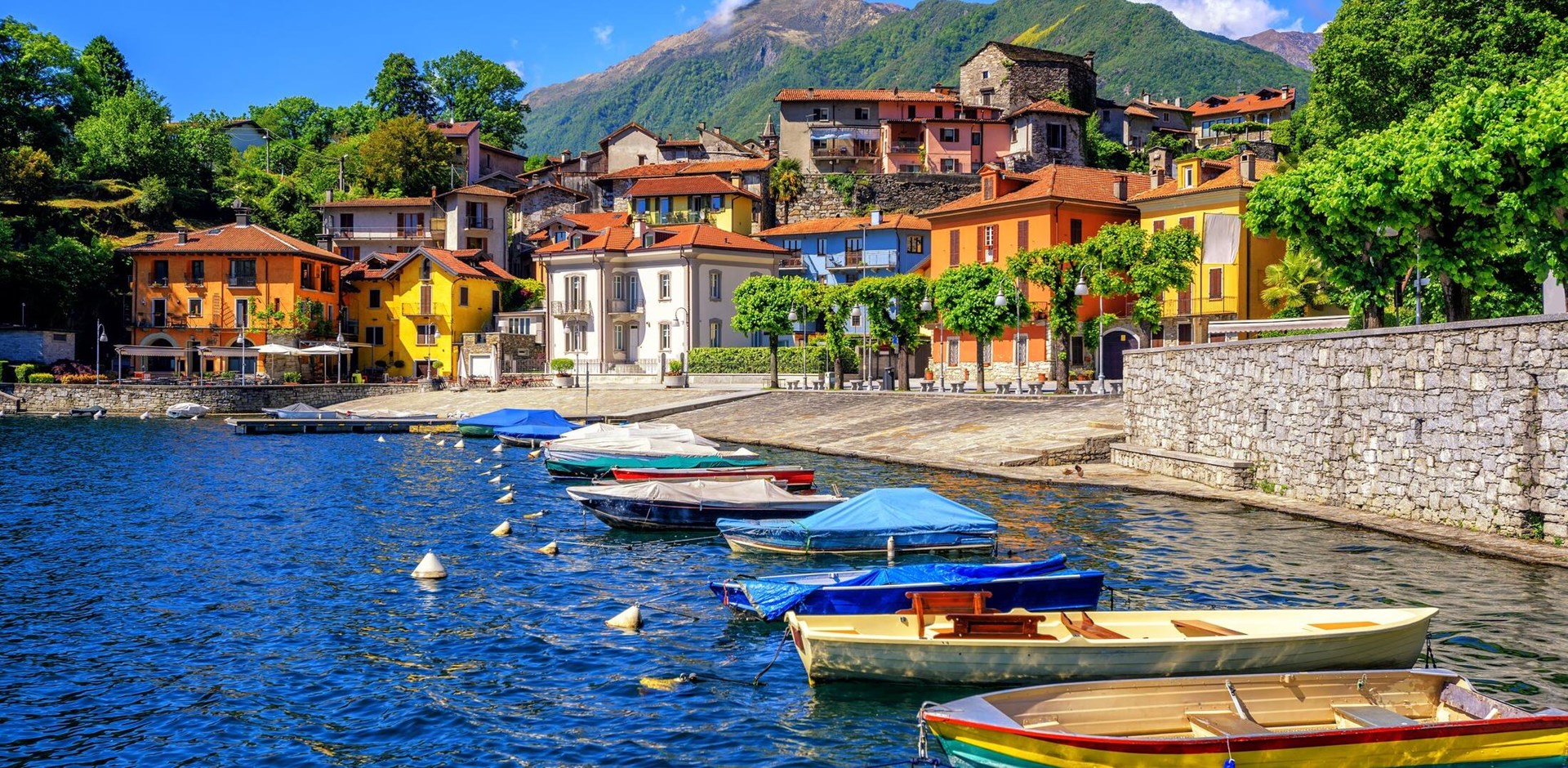 Colorful houses in the old town of Mergozzo, a popular holiday resort on Lago Maggiore lake, Italy