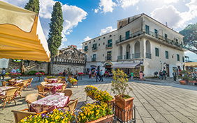 Duomo square under a cloudy sky in world famous Ravello, Amalfi coast. Campania, Italy