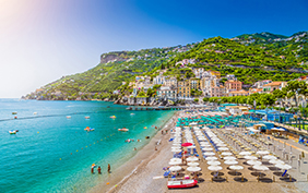 Scenic picture-postcard view of the beautiful town of Minori at famous Amalfi Coast with Gulf of Salerno, Campania, Italy