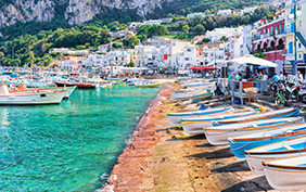Boats at Marina Grande embankment in Capri Island in Tyrrhenian sea, Italy