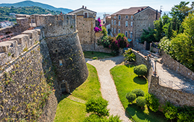 Scenic view with the Agropoli Castle on a sunny summer day. Salerno, Cilento, Campania, Italy.