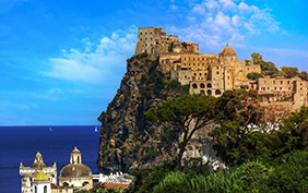 Italy, scenic medieval Aragon castle, Aragonese Castle om Ischia island near Naples.