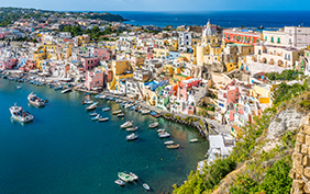 Panoramic sight of the beautiful island of Procida, near Napoli, Campania region, Italy.