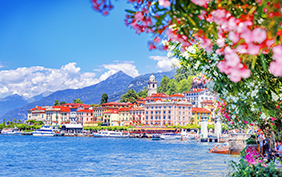 Como lake in Italy. Spectacular view on coastal town - Bellagio, Lombardy. Famous Italian recreation zone and popular European travel destination. Summer scenery.