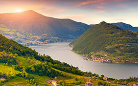 Colorful summer morning on? the Lake Iseo. Italy, Alps.