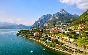 Aerial panorama of Marone town on Lake Iseo in Lombardy, Italy
