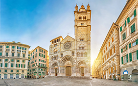 Cathedral of Genoa on sunrise - view from Piazza San Lorenzo square in Genoa, Liguria, Italy