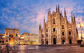 Milan Cathedral, Duomo di Milano, Italy, one of the largest churches in the world on sunrise