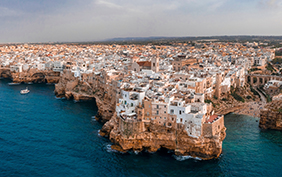 Aerial panoramic sight in Polignano a Mare, Bari Province, Apulia (Puglia), southern Italy.