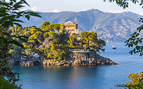 Beautiful natural view of the Bay of Paraggi in Santa Margherita Ligure, Mediterranean seacoat near luxury sea resort Portofino, Italy