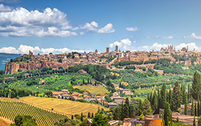 Beautiful panoramic view of the ancient etruscan town of Orvieto on a sunny day with blue sky in summer, Umbria, Italy