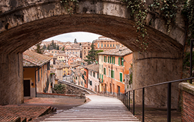 View of a 13th century acqueduct in Perugia, Umbria, Italy, Via Appia, Via Battisti.