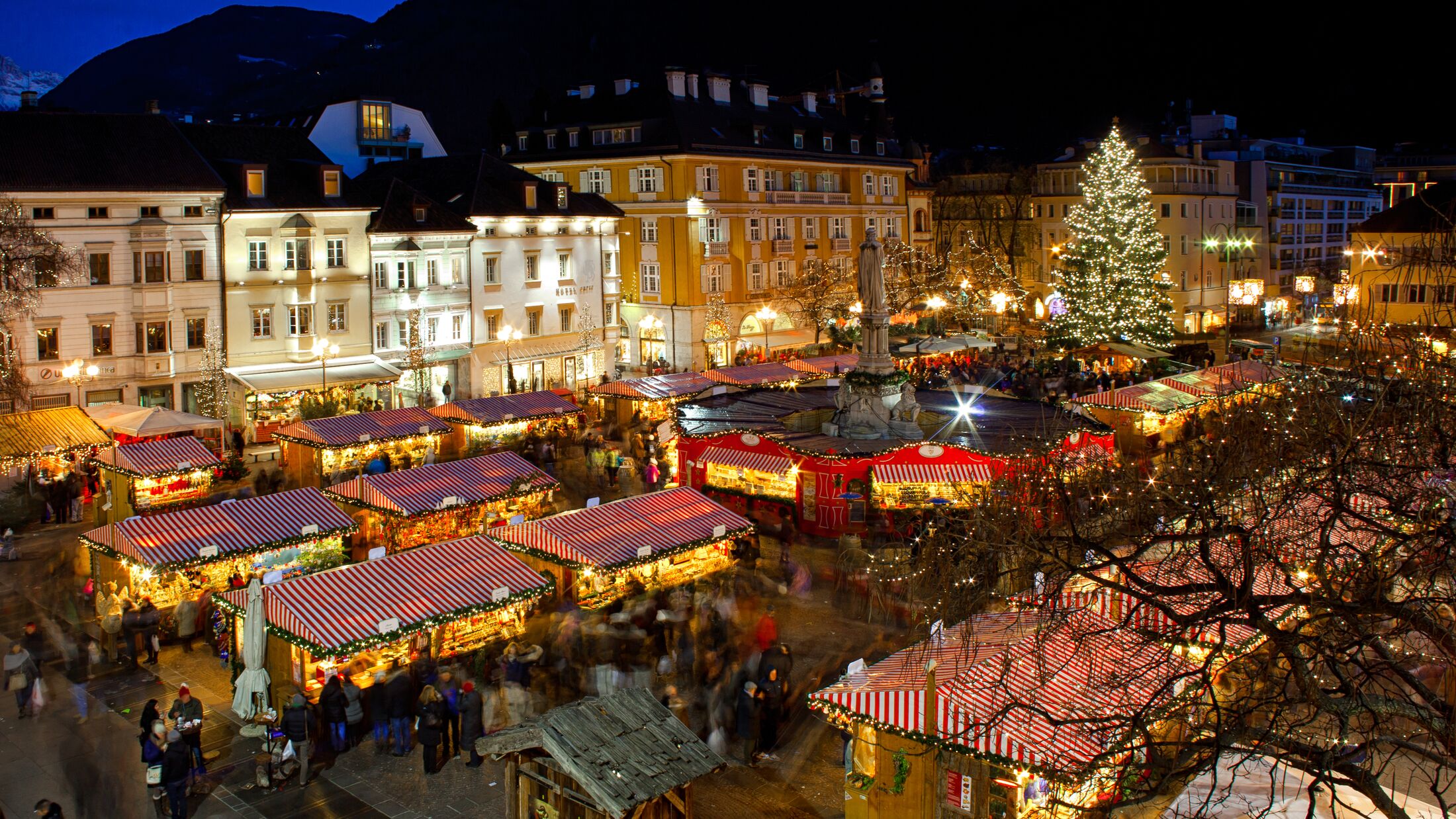 Christmas market in Bolzano with lights and decorations