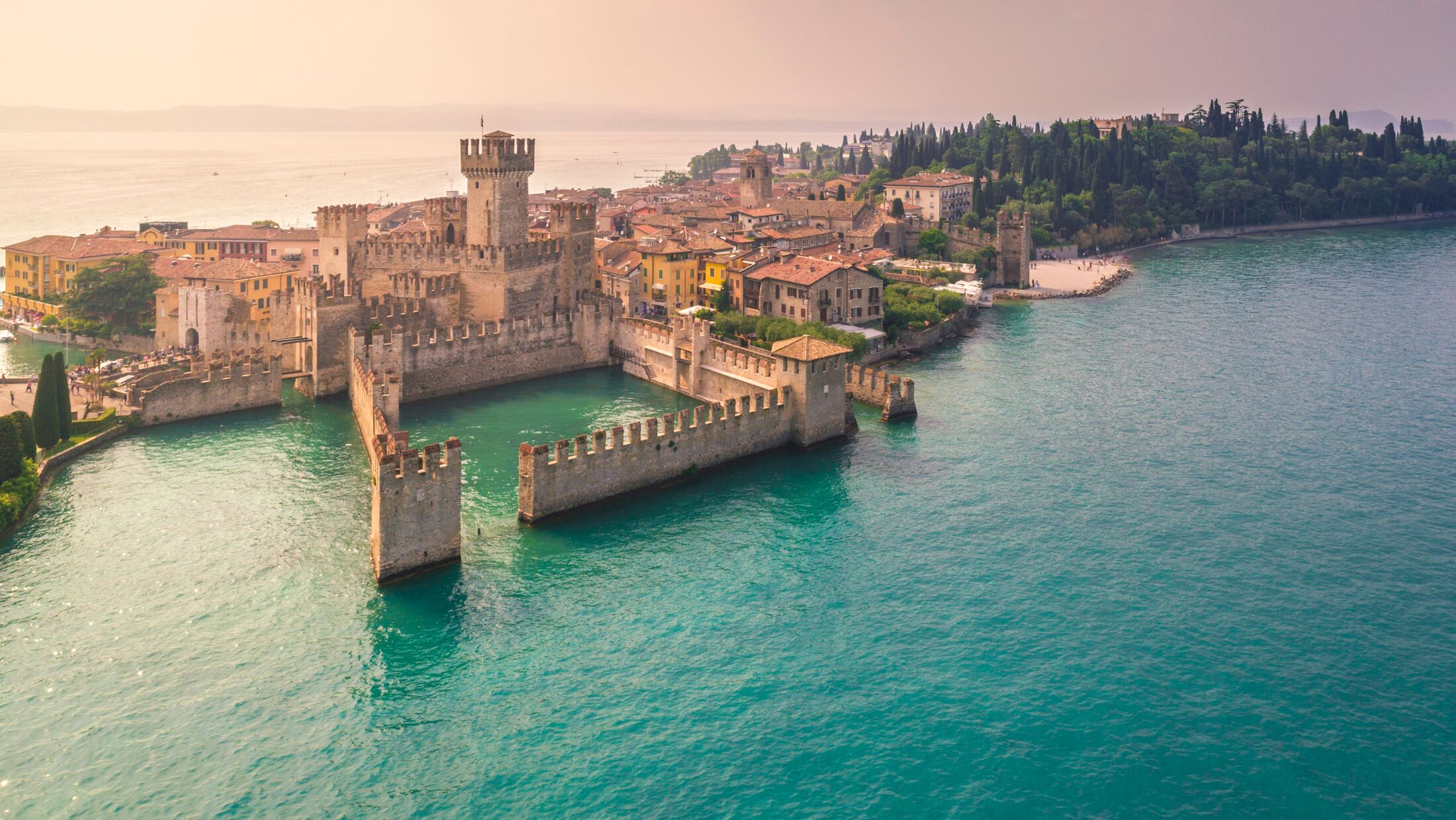 Aerial view of Sirmione, an ancient village on southern Garda Lake. Brescia province, Lombardy, ItalY