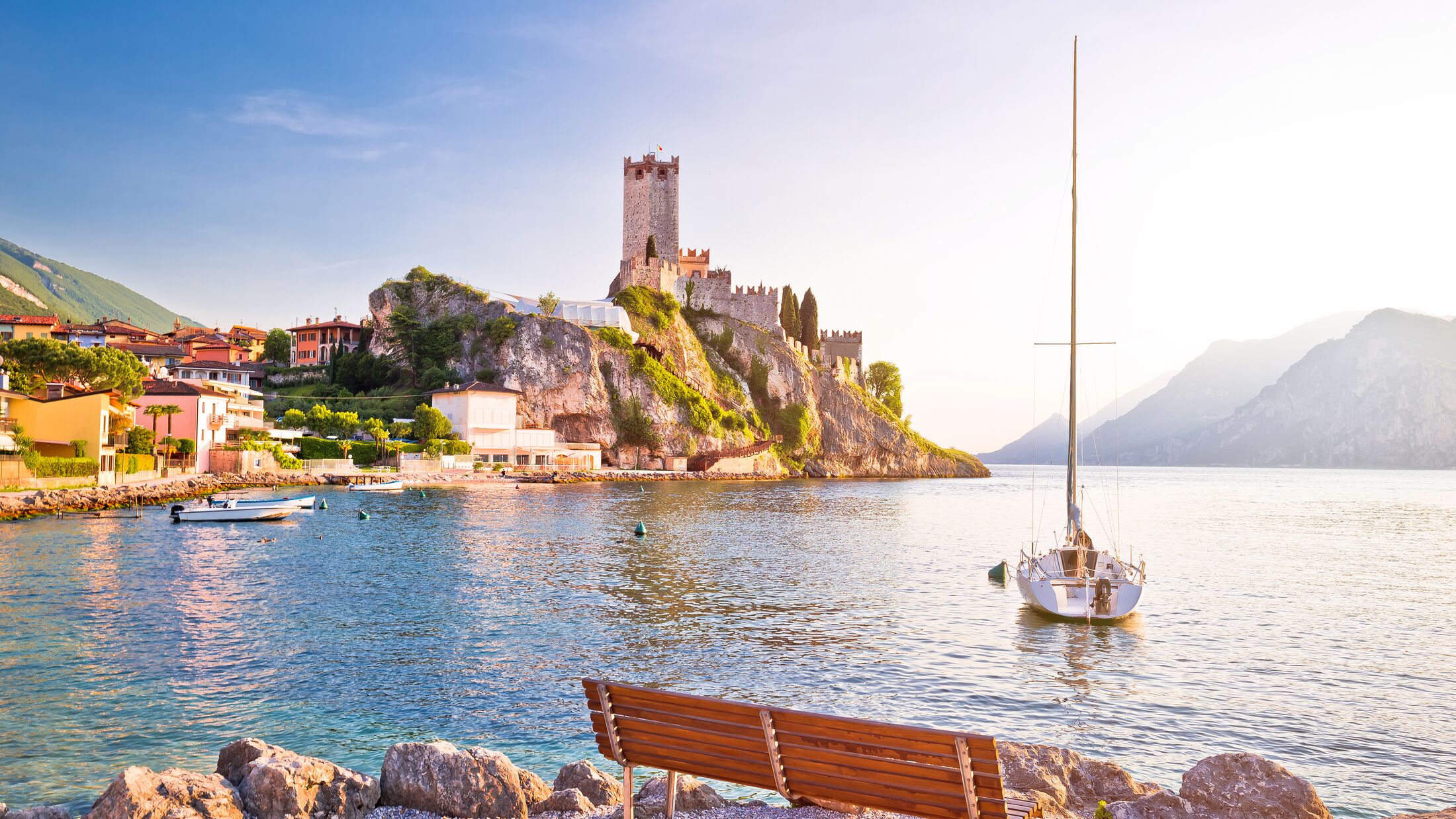 Town of Malcesine castle and beach view, Veneto region of Italy, Lago di Garda