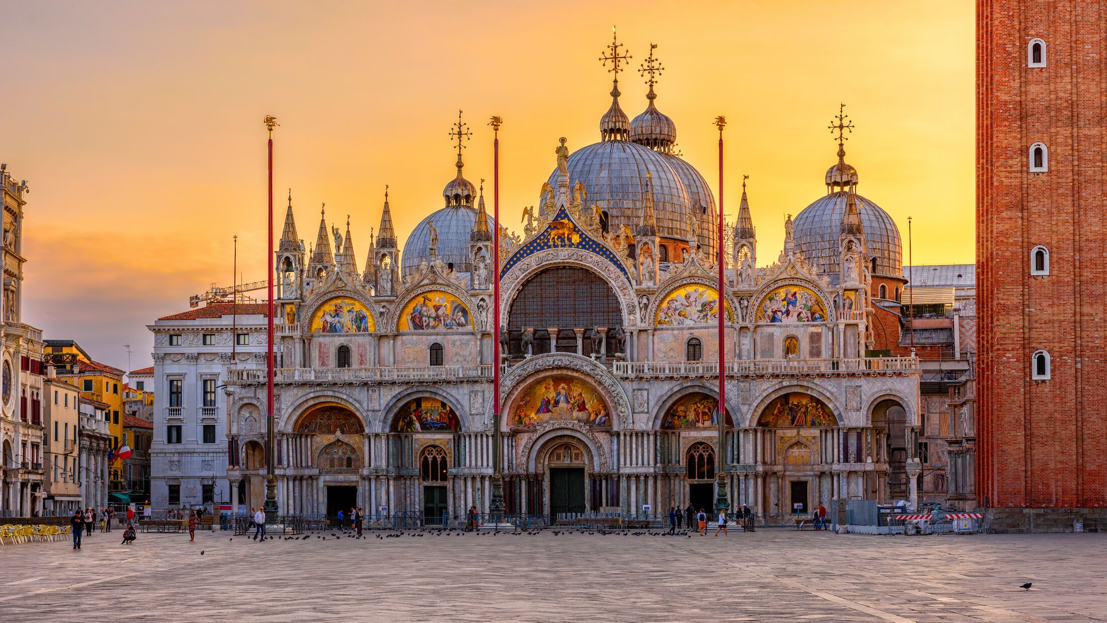 View of Basilica di San Marco and on piazza San Marco in Venice, Italy. Architecture and landmark of Venice. Sunrise cityscape of Venice.