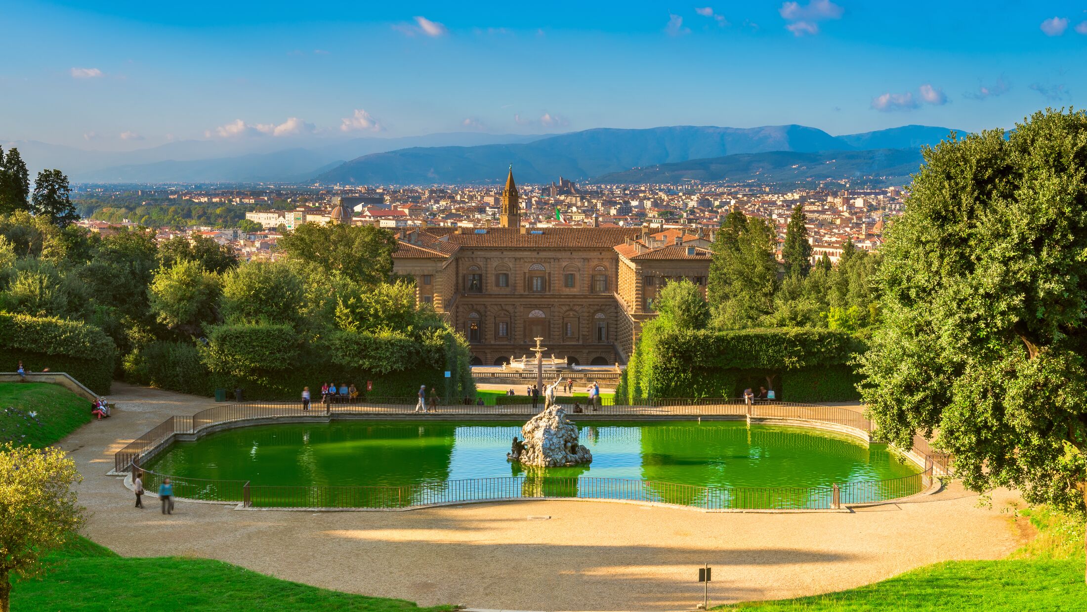 View of the Palazzo Pitti and italian style Boboli gardens in Florence, Italy