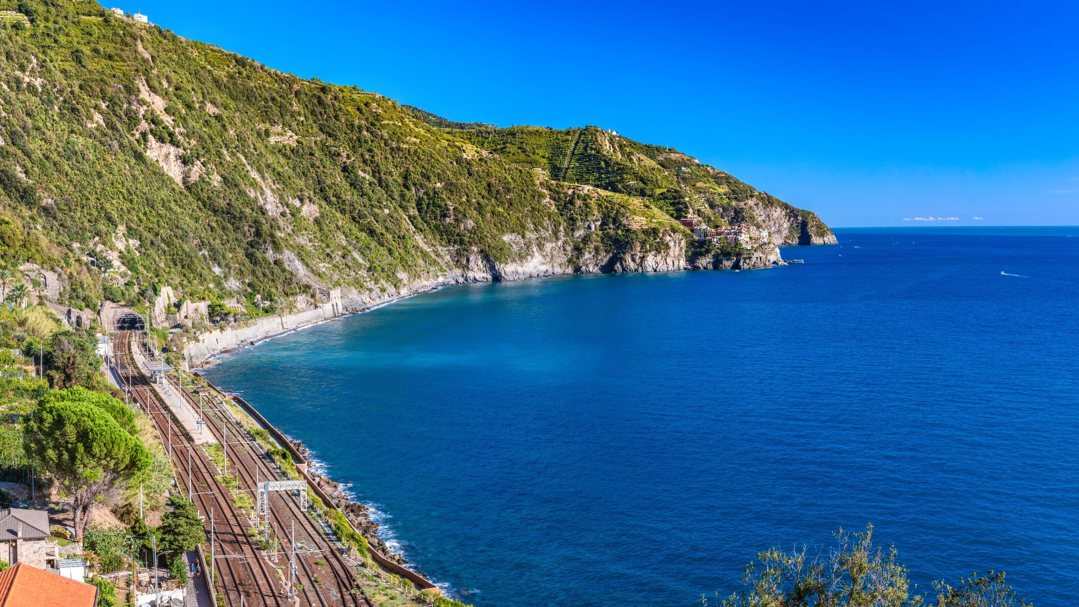 Train in Cinque Terre, Italy at summer. Transport in popular tourist destination