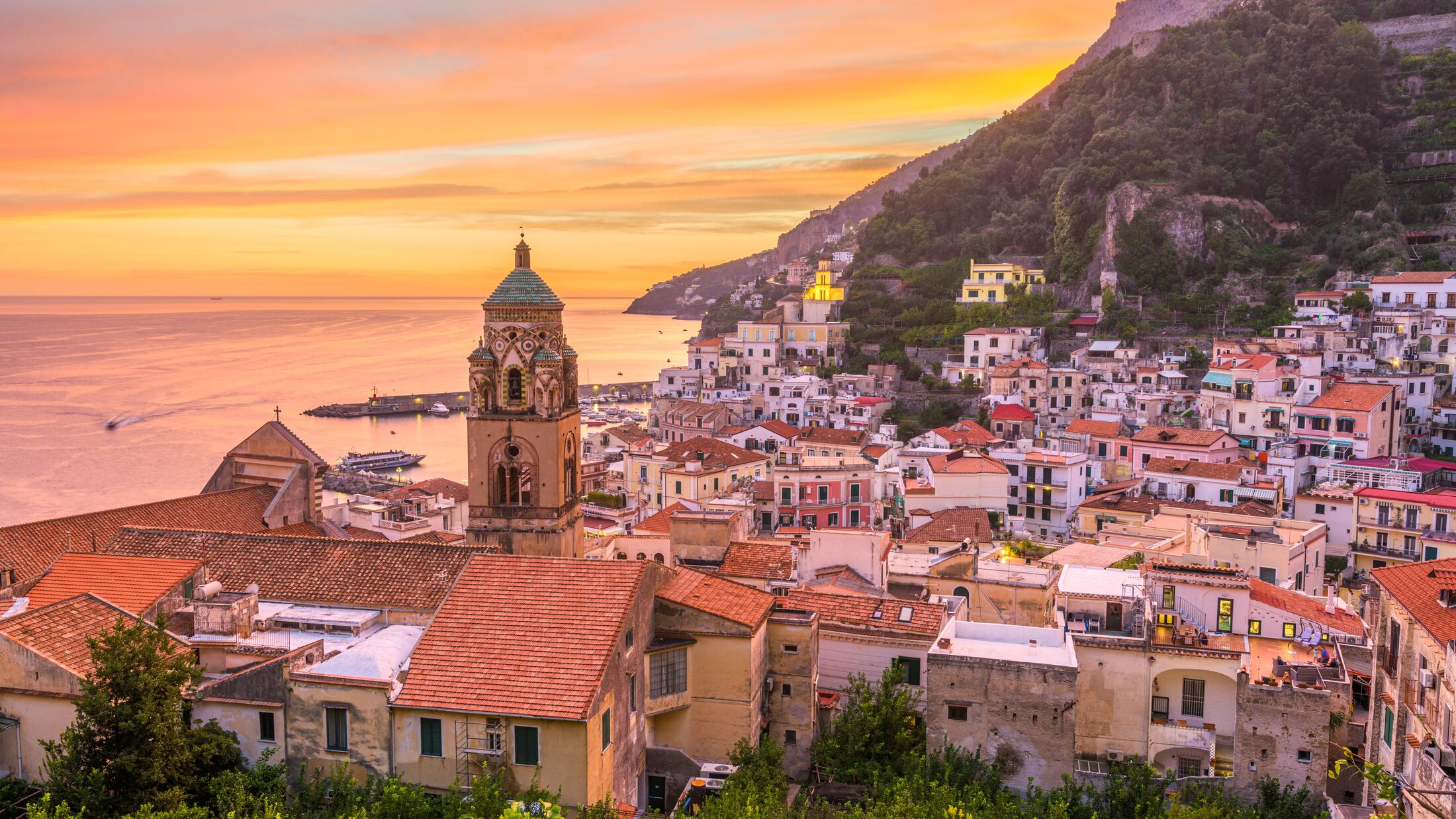 Amalfi, Italy on the Amalfi Coast at dusk.