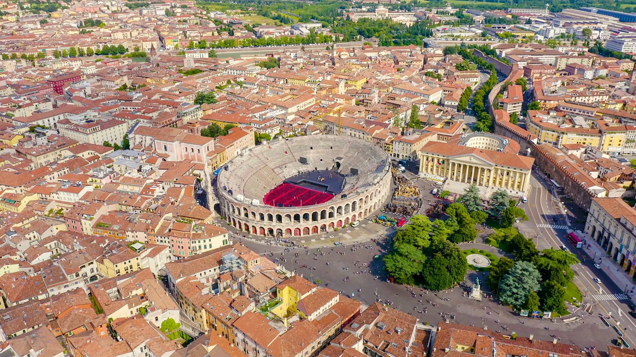 Verona, Italy. Flying over the historic city center. Arena di Verona, summer, Aerial View