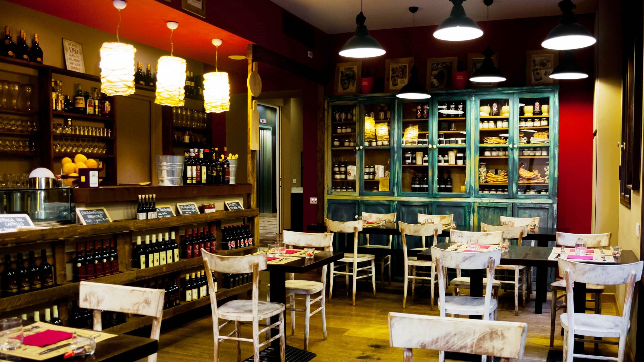 a dining room table in front of a store