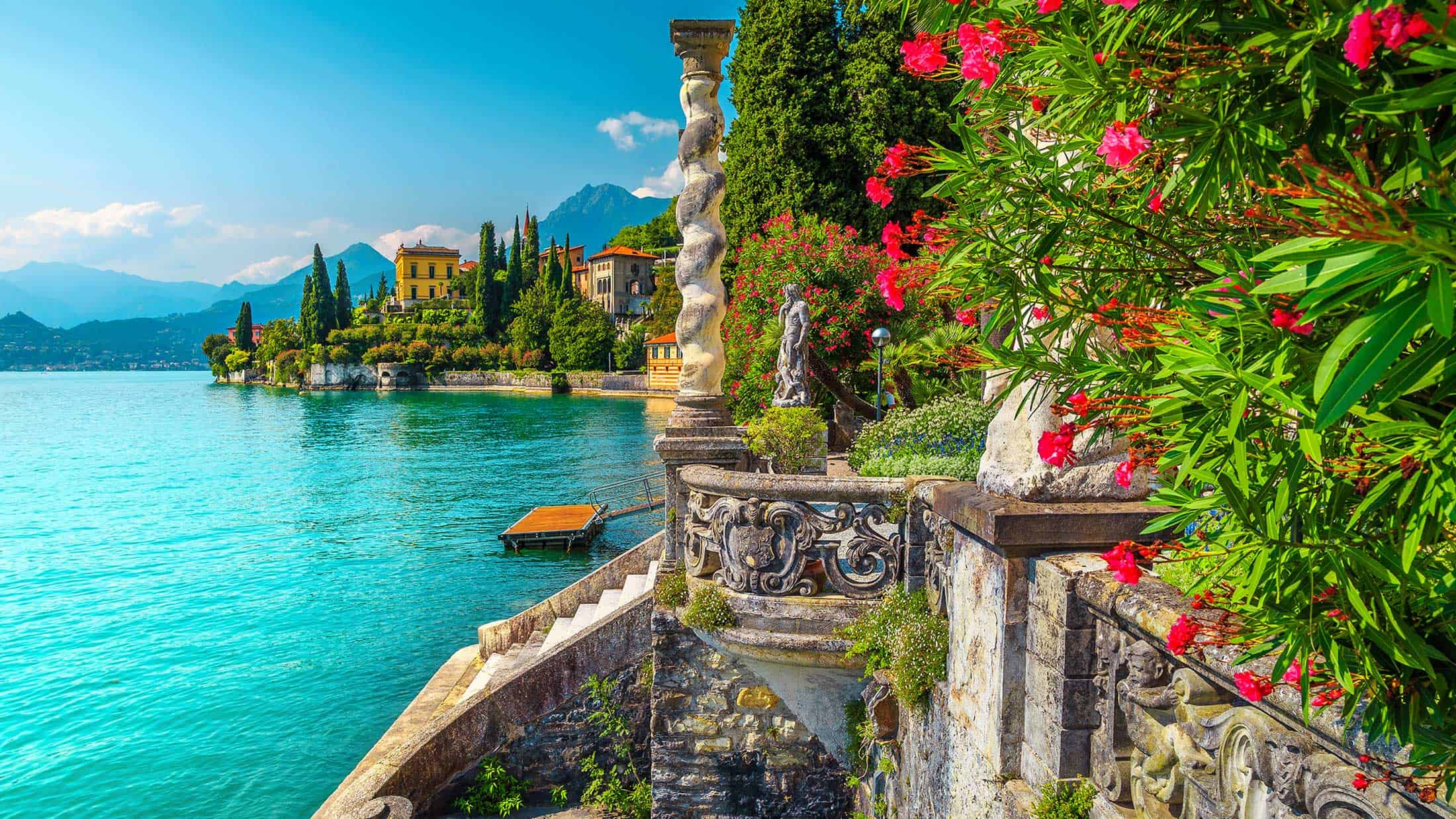 a garden with water in the background