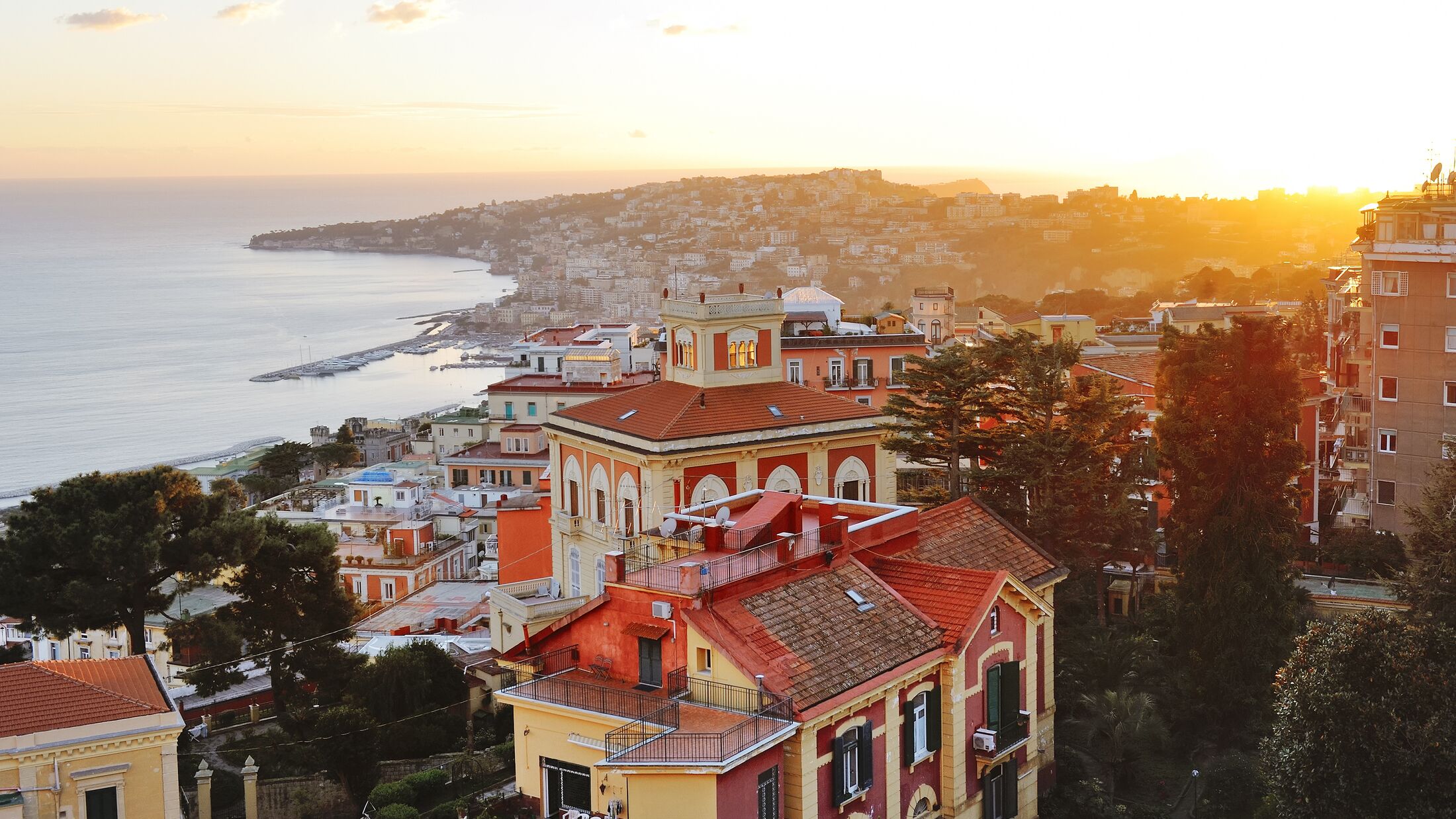 Naples panoramic view of Posillipo hill at sunset, Italy