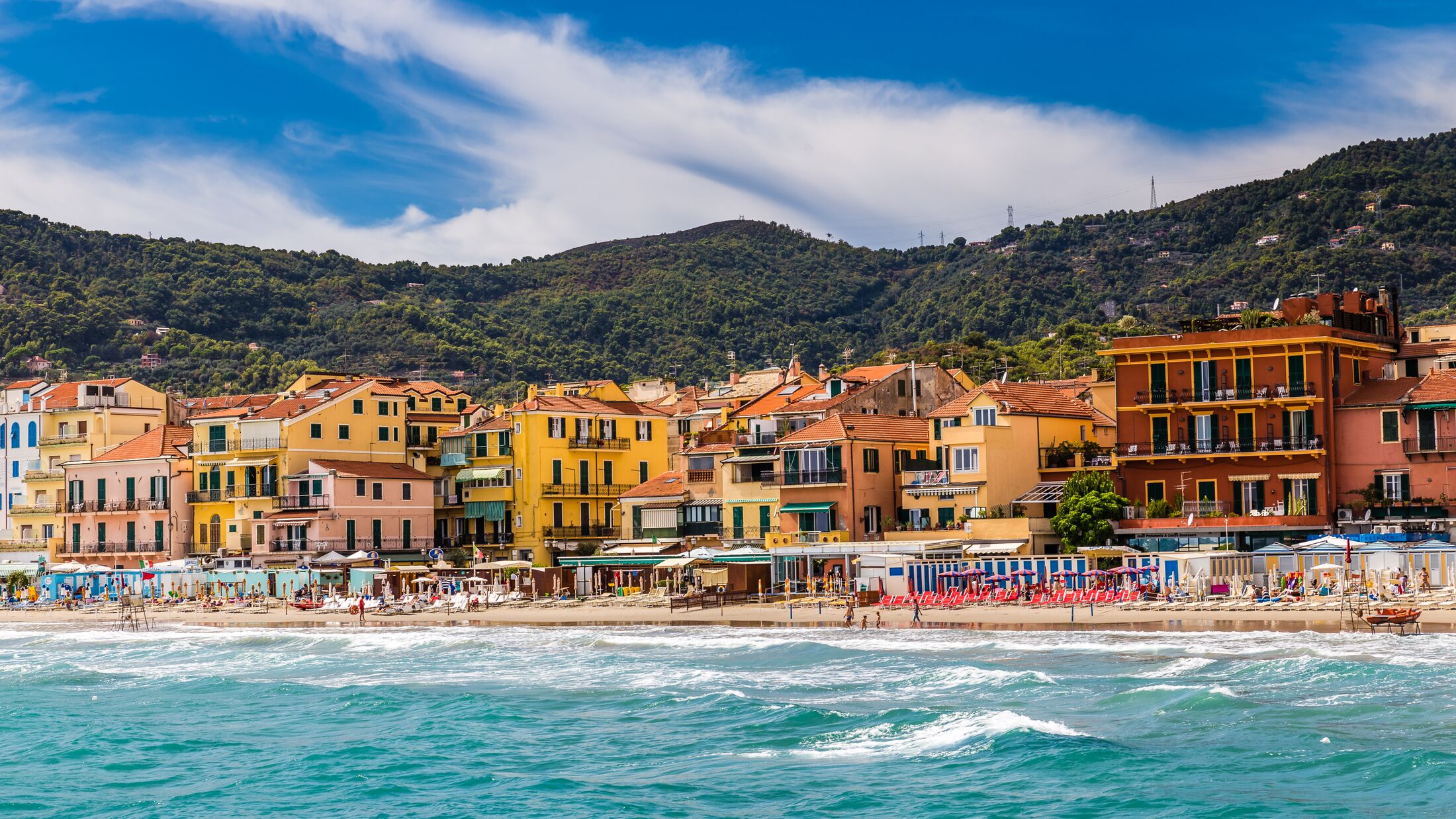 Beautiful View of Sea and Town of Alassio With Colorful Buildings During Summer Day-Alassio,Italy,Europe