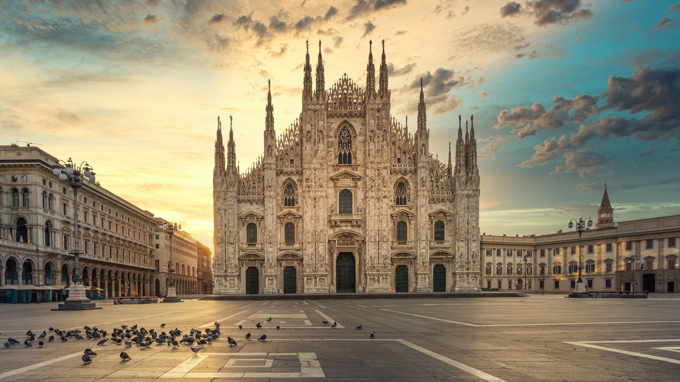 Duomo , Milan gothic cathedral at sunrise,Italy,Europe.Horizontal photo with copy-space.